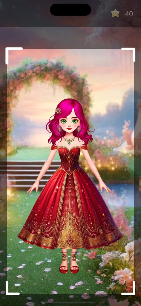 Princess- Make Over - Una princesa con cabello rosa vistiendo un real vestido rojo y dorado.