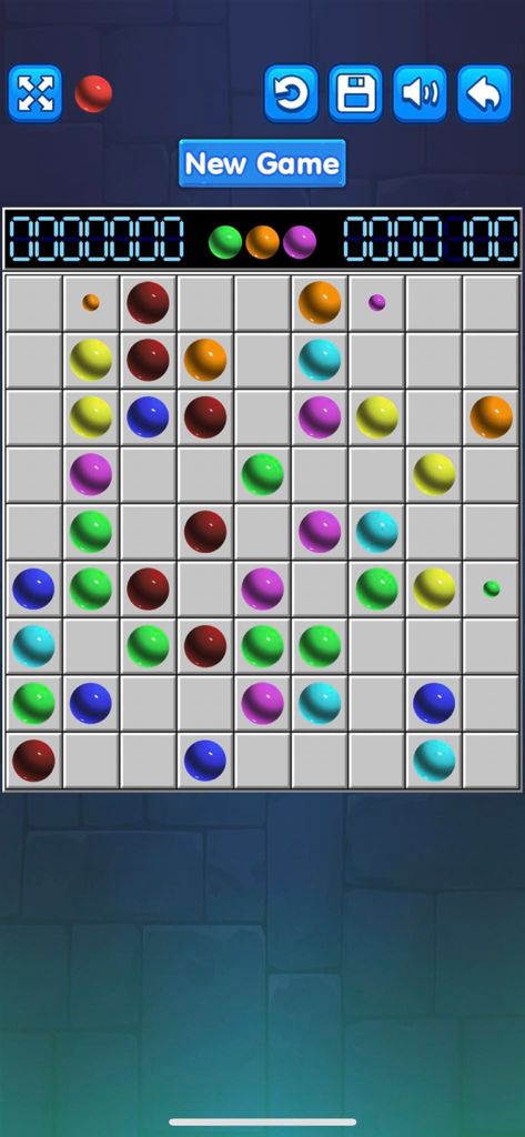 Line 98 Battle-Line 98 Classic - A classic Line 98 game board with colorful spheres on a 9x9 grid