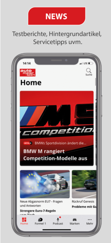 auto motor und sport News - Smartphone-Anzeige mit dem Startbildschirm der auto motor und sport App mit Nachrichten über BMW-Modelle