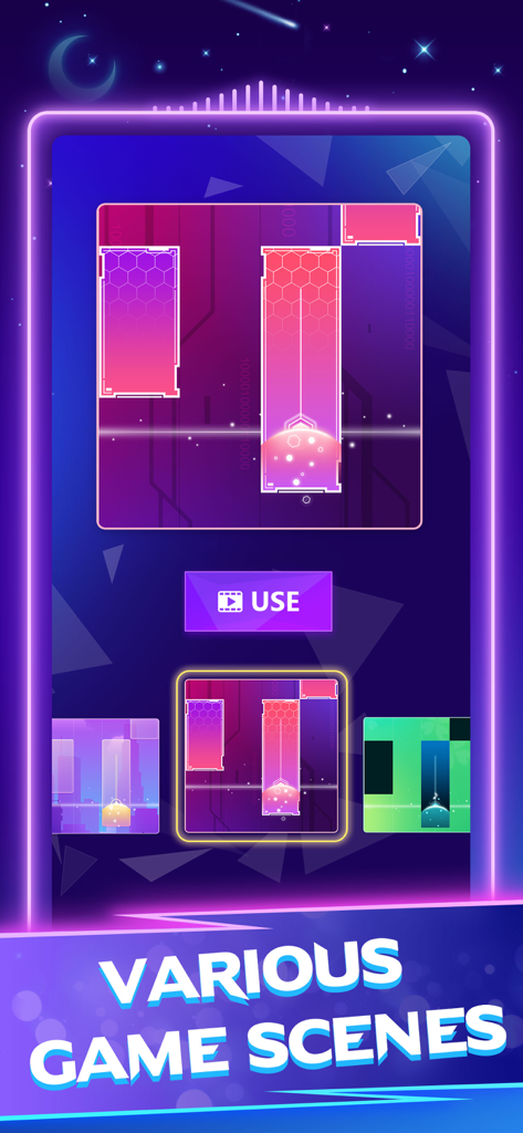 Screenshot of Piano Star mobile game showing various colorful neon game scenes and tile themes