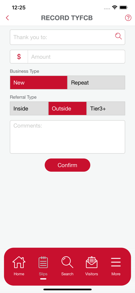 Screen of the BNI Connect Mobile app for recording Thank You For Closed Business slips