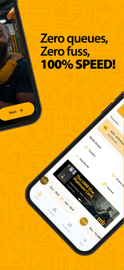 Interfaz de banca móvil de UMB SpeedApp que muestra funciones de acceso rápido y tipos de cambio de divisas.