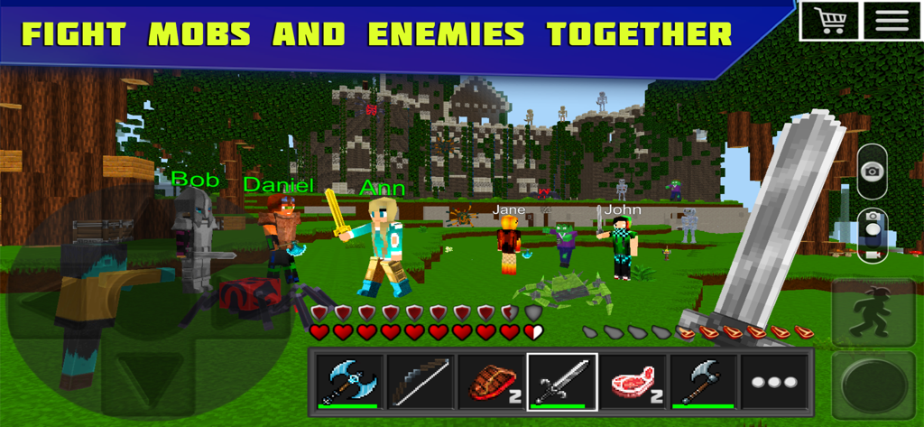 Planet of Cubes Craft and Mine - Jugadores se unen para luchar contra monstruos y enemigos en el modo multijugador de supervivencia de Planet of Cubes.