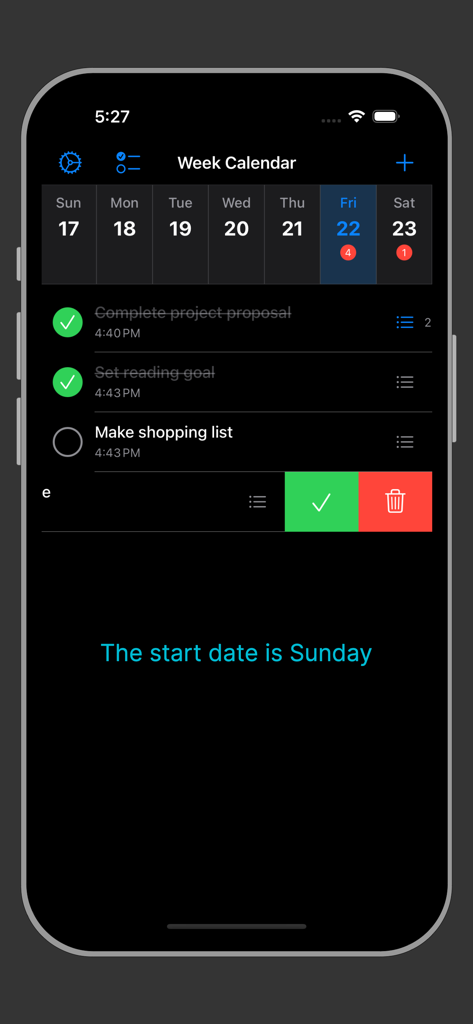 Weekly Calendar Planner app interface on iPhone in dark mode showing a weekly calendar view and a list of tasks with swipe actions.