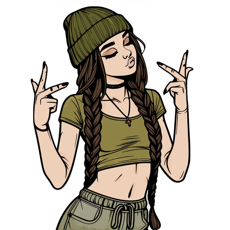 realistic teenage girl with braids and a beanie and crop top doing 🫶🏼