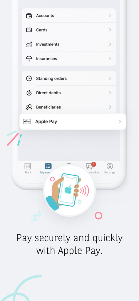 Interface de l'application mobile Hello bank! Belgique montrant un menu avec intégration Apple Pay et une illustration de paiement sans contact.