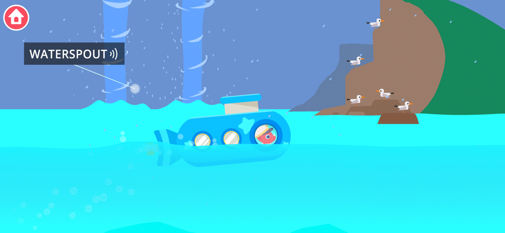 Dinosaur Submarine for toddler - A small dinosaur piloting a blue submarine in the ocean near a waterspout and seagulls.