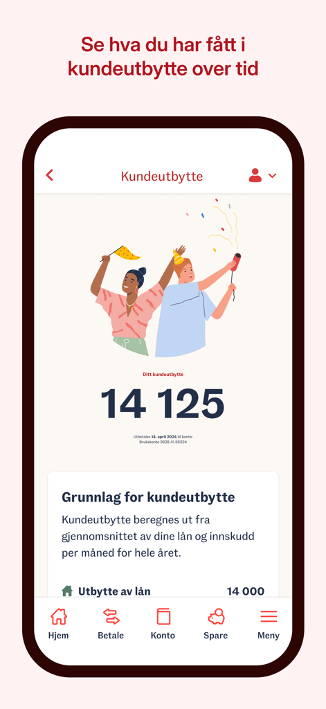Sparebanken Norge Mobilbank - Sparebanken Norge Mobilbank app screen showing customer dividend rewards with a celebratory illustration and payout amount.