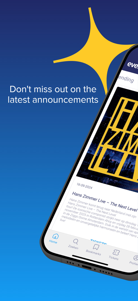 EVENTIM NL/BE - Tela de smartphone exibindo o aplicativo Eventim com uma notificação para os últimos anúncios de eventos e um show de Hans Zimmer em destaque.