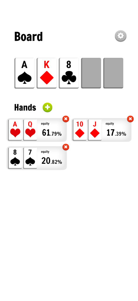 Interface of Poker Odds Calculator Pro showing hand equity percentages for three players on the flop