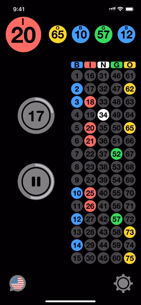 Digital bingo caller screen displaying called numbers on a grid