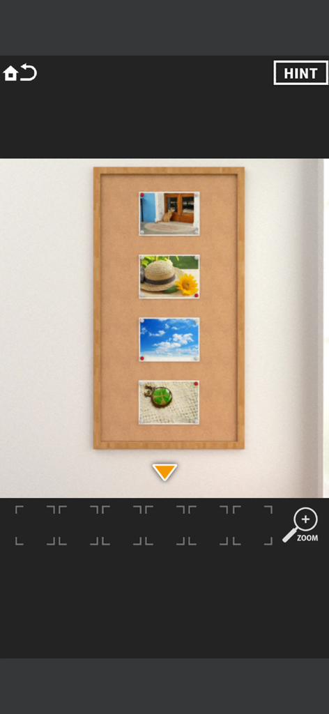 Room Escape [SECRET CODE 4] - A wooden board with four photographs used as puzzle clues in the Room Escape Secret Code 4 game
