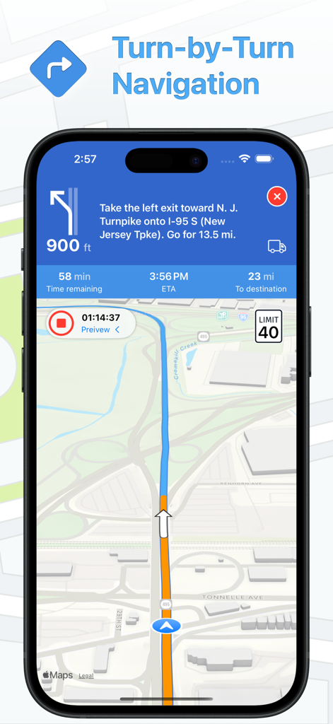App Mappe Camion Navigazione che mostra indicazioni svolta per svolta e dettagli del percorso su uno smartphone.