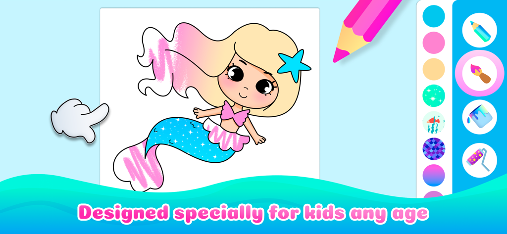 A cute mermaid character being colored with various digital drawing tools in a kids coloring app interface