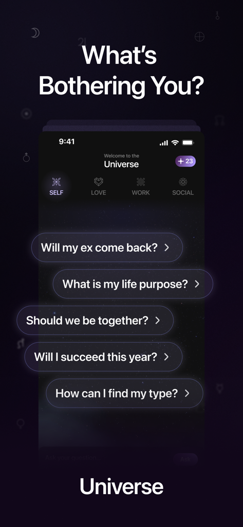 My Human Design App - SACRAL - Interfaz de la App Sacral mostrando la sección Universo con preguntas comunes sobre la vida espiritual y personal