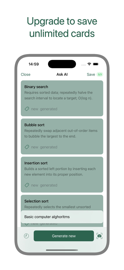 Cognito — AI Flashcards - Interfaz de la aplicación Cognito AI Flashcards mostrando tarjetas de estudio de ciencias de la computación generadas a partir de la indicación Algoritmos básicos de computadora
