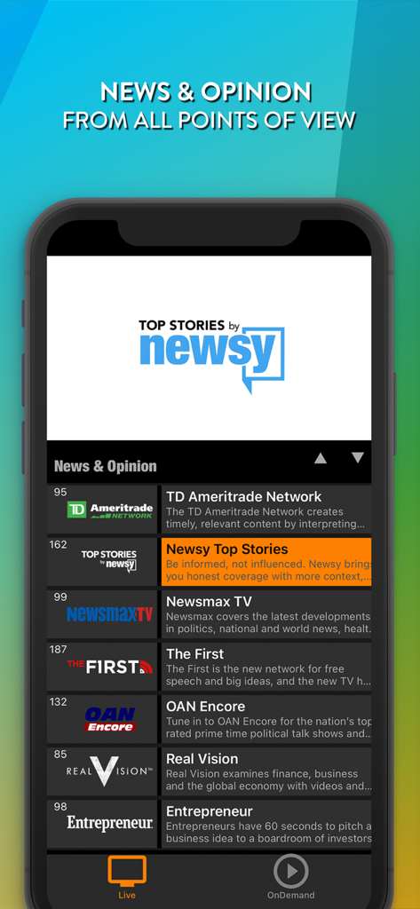 DistroTV - Live TV & Movies - Una pantalla de teléfono inteligente que muestra la lista de canales de noticias y opinión gratuitos en vivo en la aplicación DistroTV