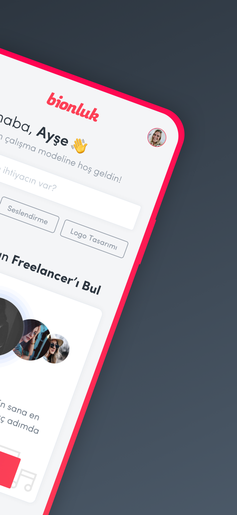Bionluk mobile App-Oberfläche, die einen Begrüßungsbildschirm für die Einstellung digitaler Freiberufler und die Suche nach Dienstleistungen wie Logo-Design anzeigt.