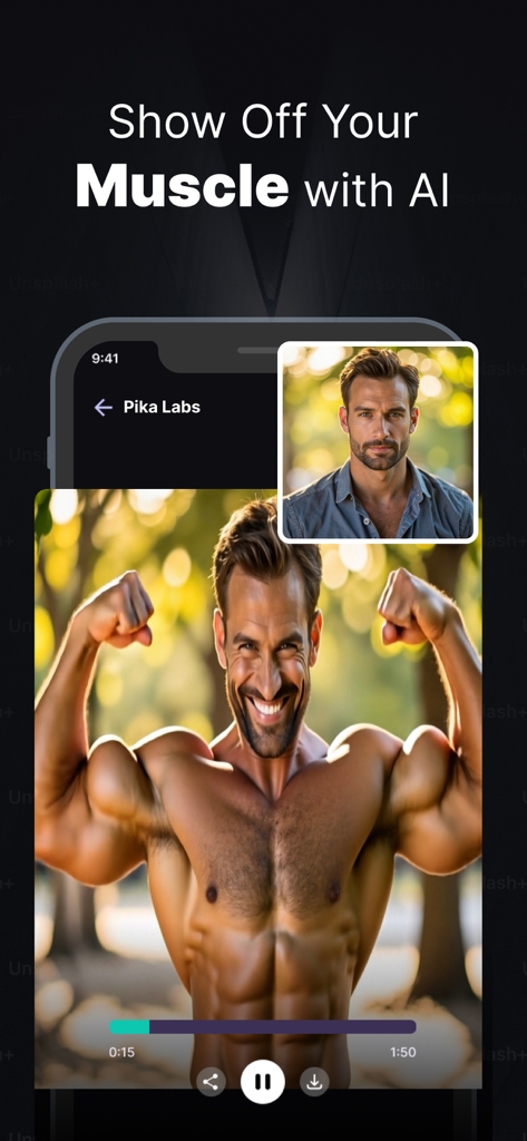 A man's portrait transformed into a muscular bodybuilder using AI video effects.