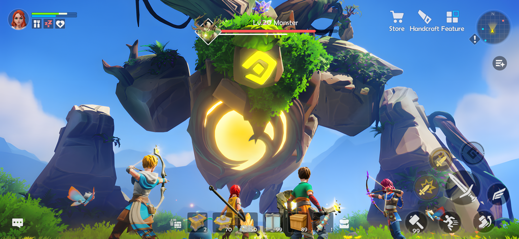 Lightus - Four players using bows to battle a giant stone monster in the open-world game Lightus.