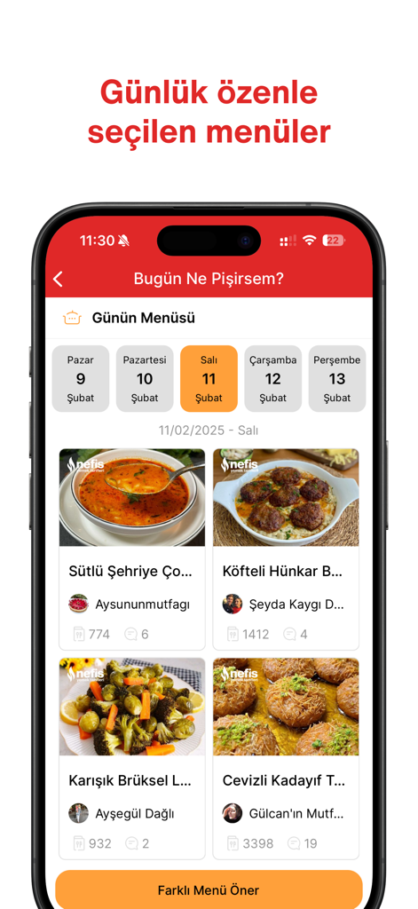Nefis Yemek Tarifleri app showing a curated daily meal menu with traditional Turkish recipes