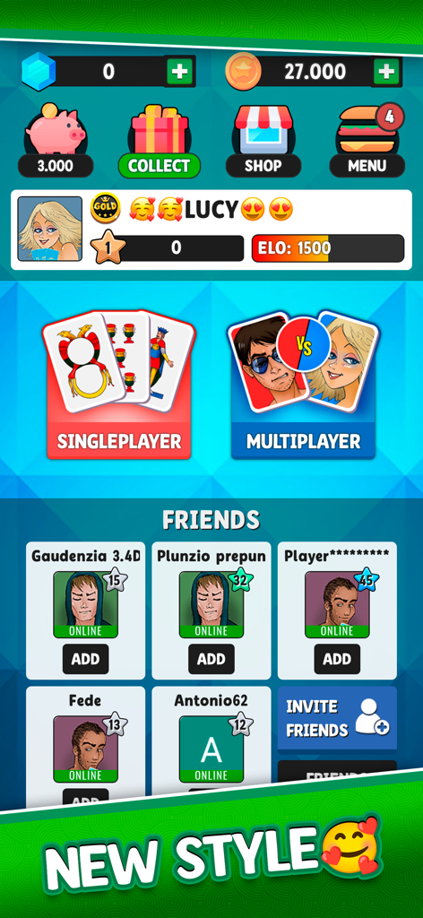 Traversone Più - Card Games - Menu principale del gioco di carte Traversone Più che mostra le modalità giocatore singolo e multigiocatore e una lista amici