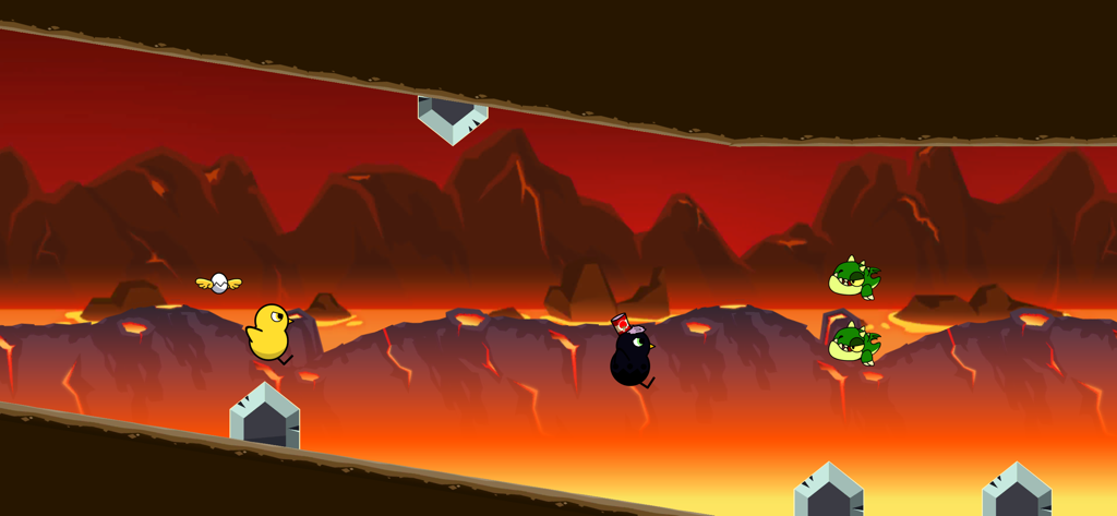 Duck Life 5: Treasure Hunt - Two ducks jumping through a volcanic cave level with lava backgrounds in Duck Life 5 Treasure Hunt