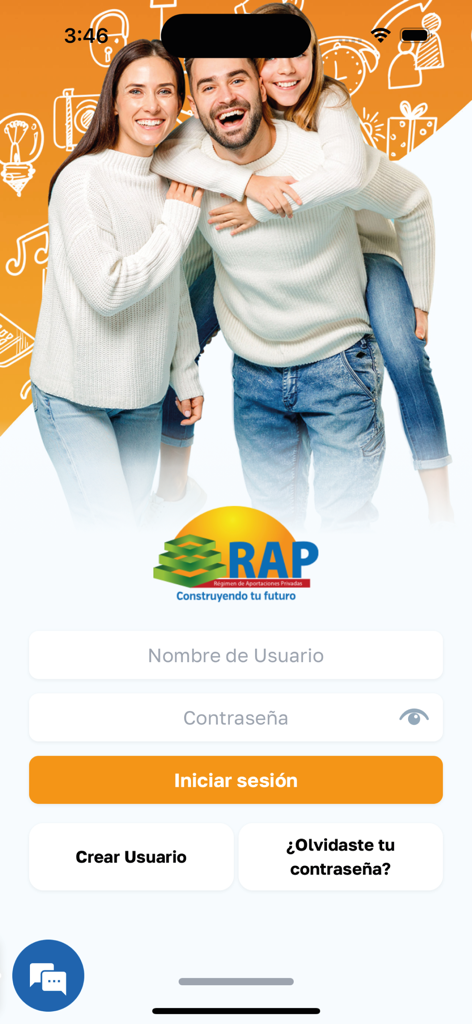 RAP App - Tela de login para o aplicativo RAP mostrando campos de nome de usuário e senha com imagens familiares
