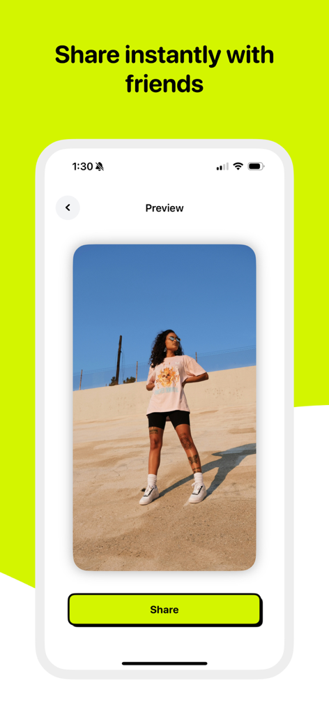 SendPic - Editor for Snapchat - SendPic app interface showing a photo preview with a share button and the headline Share instantly with friends.