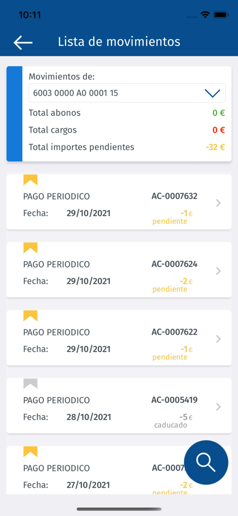 CDCJ Justicia - Una lista de movimientos de cuentas de depósito judicial y pagos periódicos que se muestran dentro de la interfaz de la aplicación móvil CDCJ Justicia