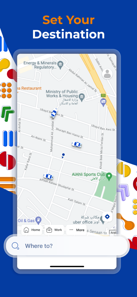 Petra Ride - Petra Ride mobile app interface showing a map with available vehicles and a destination search bar