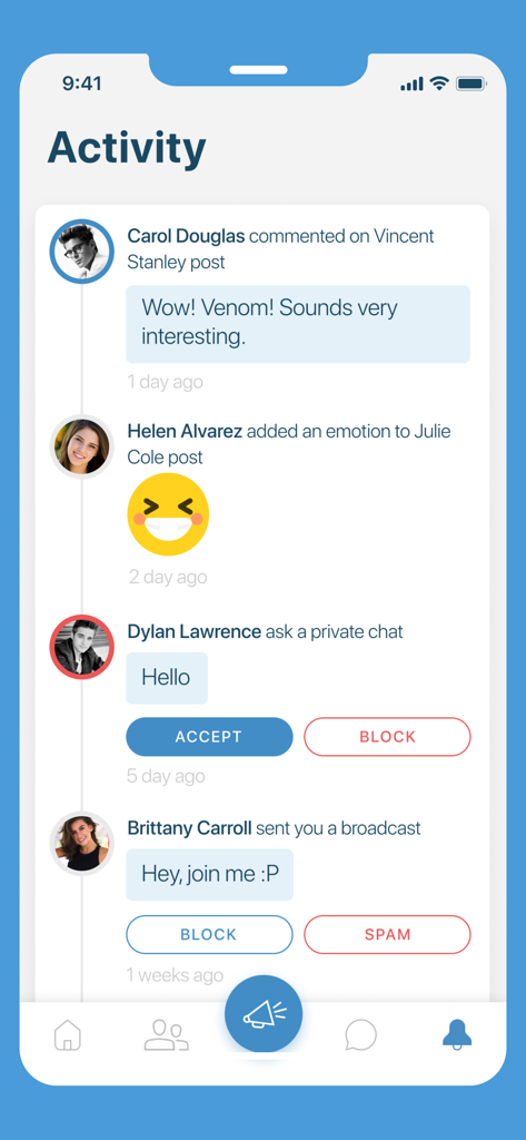 JustChill - Meet new people - JustChill app activity screen showing social notifications and private chat requests.