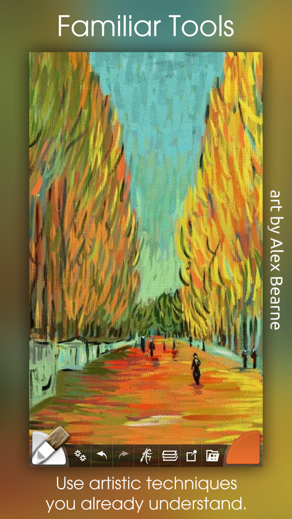 ArtRage - ArtRageデジタルアートアプリ内で作成された、木々が並ぶ道を描いたカラフルな印象派の油絵
