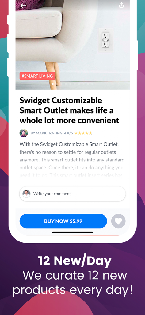 Screenshot of the Gadget Flow app showing a smart home outlet product page with daily curation features.
