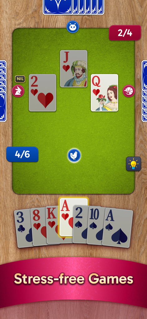 Spades Stars - Card Game - Tela de jogabilidade multijogador do jogo de cartas Spades Stars mostrando as cartas na mesa e os avatares dos jogadores.