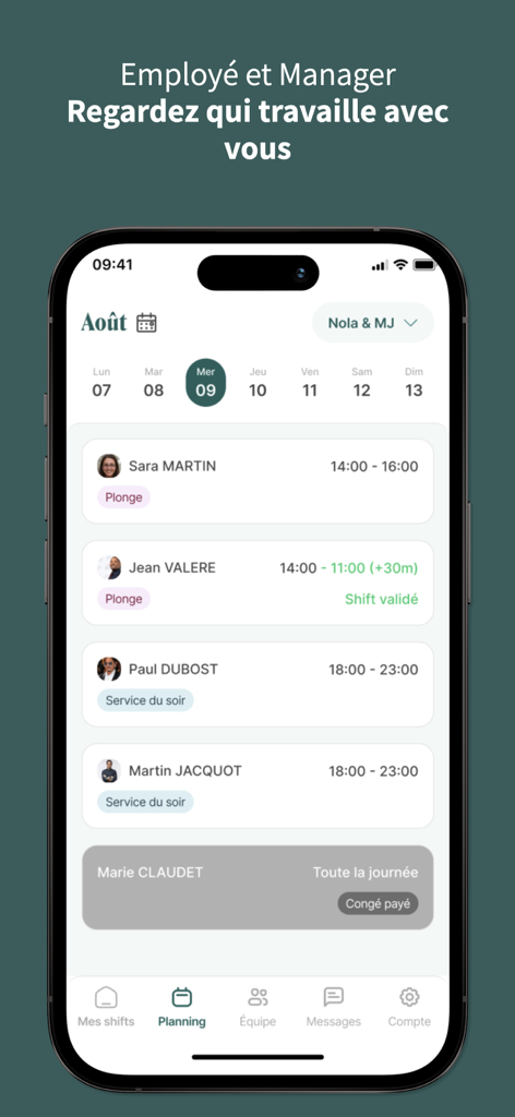 Combo - Interfaz móvil de la aplicación Combo que muestra un horario diario de equipo con los turnos de los empleados