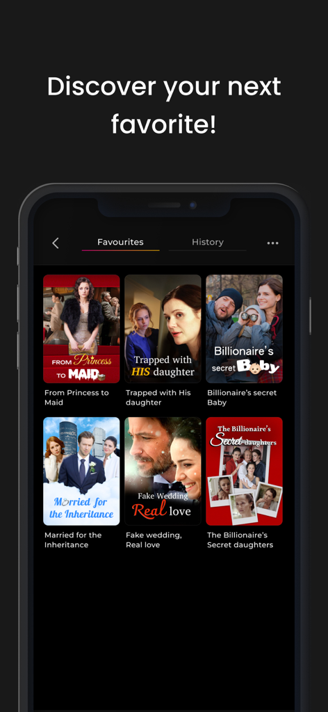 LoveDrama - Short Drama Movies - Pantalla de smartphone que muestra los favoritos de la aplicación LoveDrama con varios títulos de historias cortas de romance.