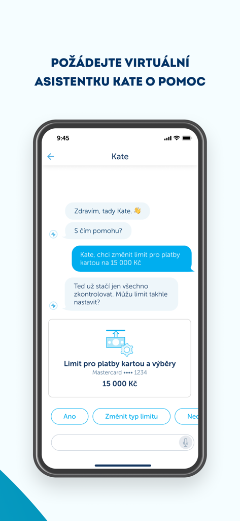 ČSOB Smart - カード決済限度額を変更するために、仮想アシスタントKateとのモバイルバンキングチャット。