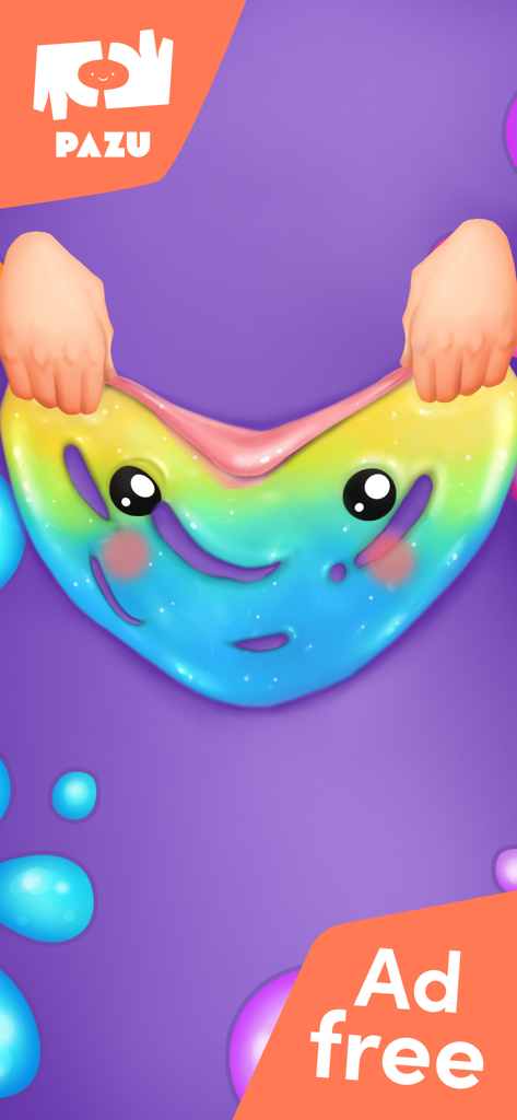 Hands stretching a colorful rainbow slime creature with cute eyes in a digital game environment