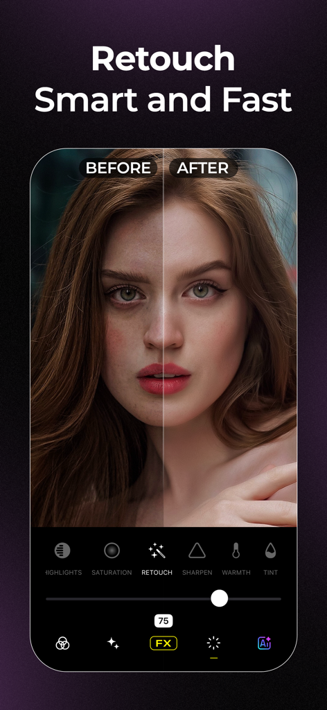 Visual LabX: AI Photo Editor - ポートレート写真のAI顔レタッチと肌スムージングの結果を示す、編集前と編集後の並列比較
