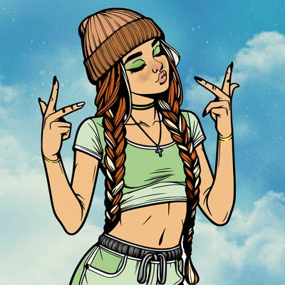 realistic teenage girl with braids and a beanie and crop top doing 🫶🏼