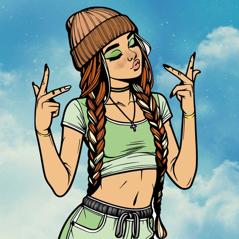 realistic teenage girl with braids and a beanie and crop top doing 🫶🏼