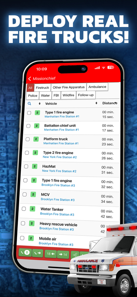 Mission Chief Fire Fighter 911 - Mission Chief app interface showing a list of emergency vehicles including fire engines and HazMat units for dispatch from Manhattan and Brooklyn fire stations