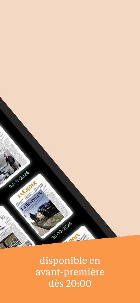 Páginas de capa do jornal digital do La Croix mostradas no aplicativo móvel com um anúncio de prévia às 20h