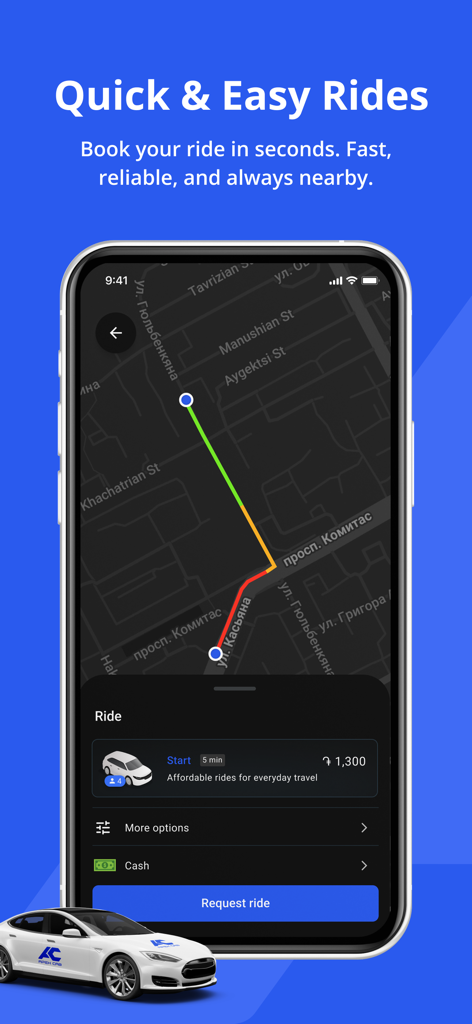 Apex Cab - Interface de l'application mobile Apex Cab pour réserver un trajet montrant un itinéraire sur la carte et l'option de paiement en espèces