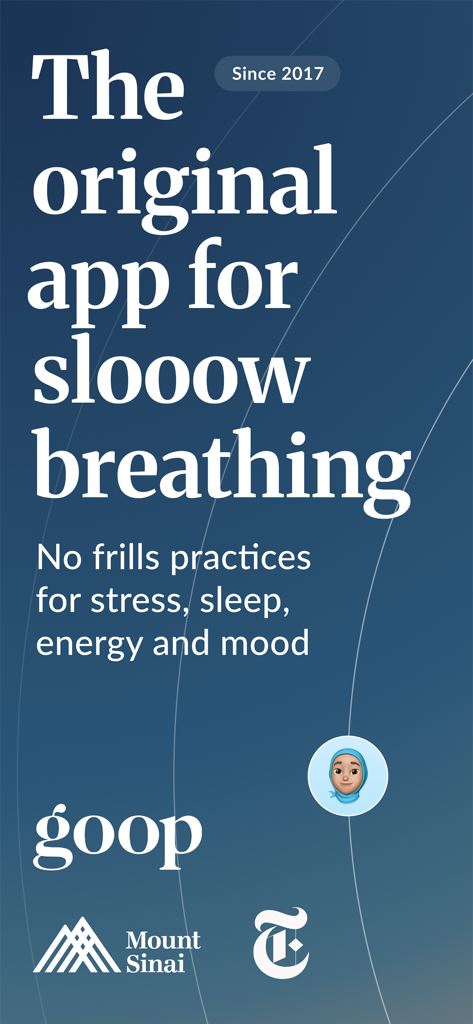 The Breathing App: Calm Daily - Promotional screen for The Breathing App featuring text about slow breathing practices since 2017 and endorsements from Goop Mount Sinai and The New York Times