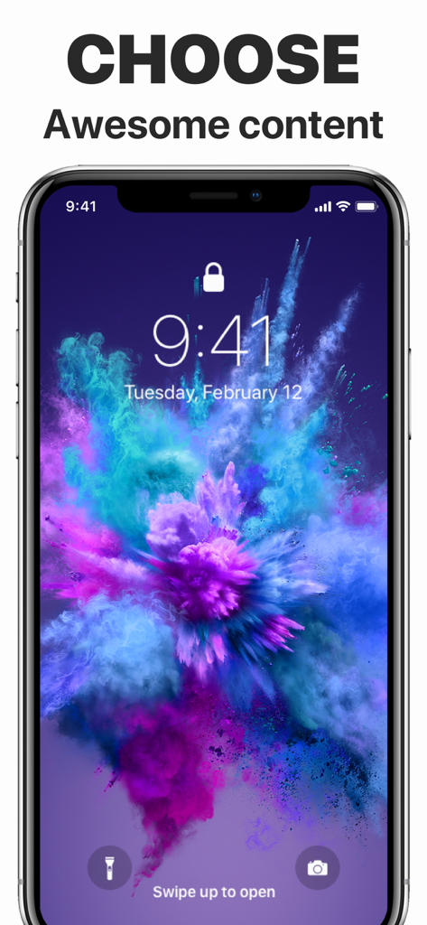 Pantalla de bloqueo de iPhone que muestra un vibrante fondo de pantalla abstracto de humo azul y morado