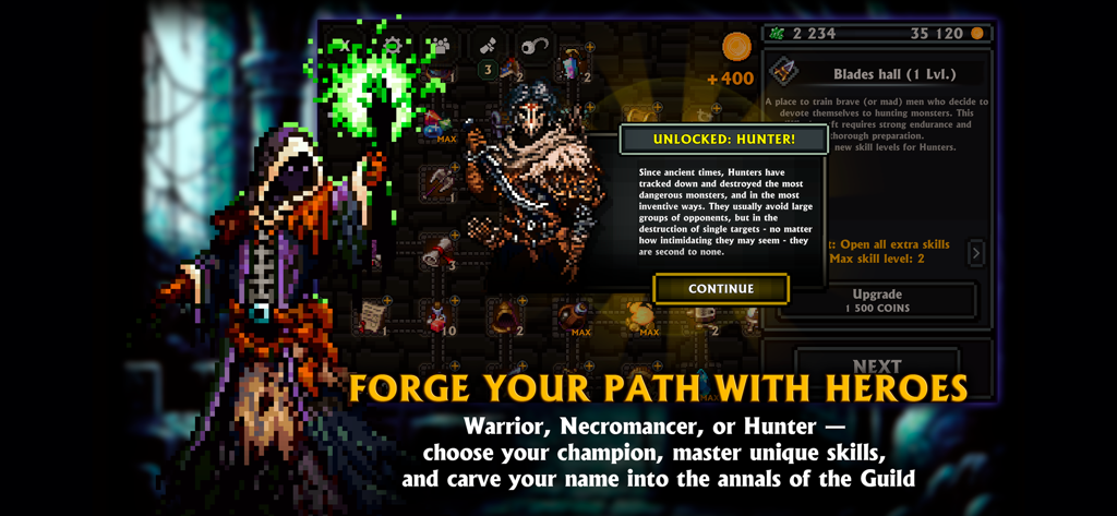 Pantalla de juego de Pocket Rogues: Ultimate mostrando la notificación de desbloqueo de la clase Cazador con gráficos de pixel art.