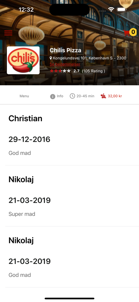 Chilis Pizza - Screenshot of the Chilis Pizza mobile app showing customer reviews and restaurant information