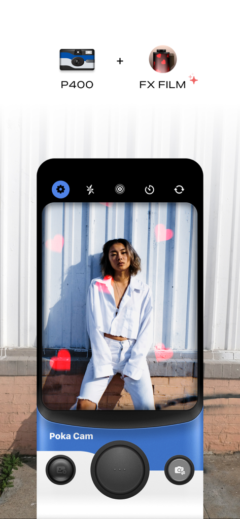 Poka Cam: Disposable Film Cam - Poka Cam app interface showing a portrait with heart-shaped light leak effects and retro camera controls